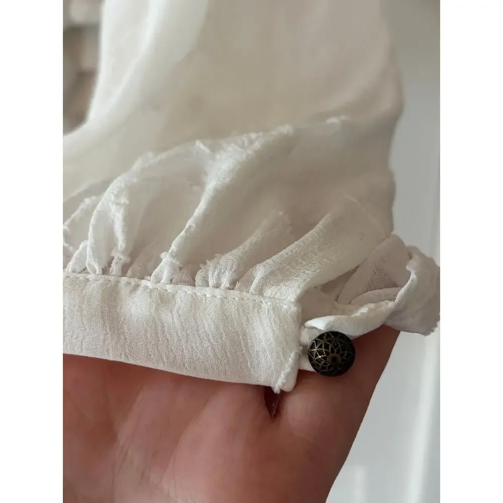 By Anthropologie Milena Burnout Velvet Wrap Blouse white ruffle cottagecore